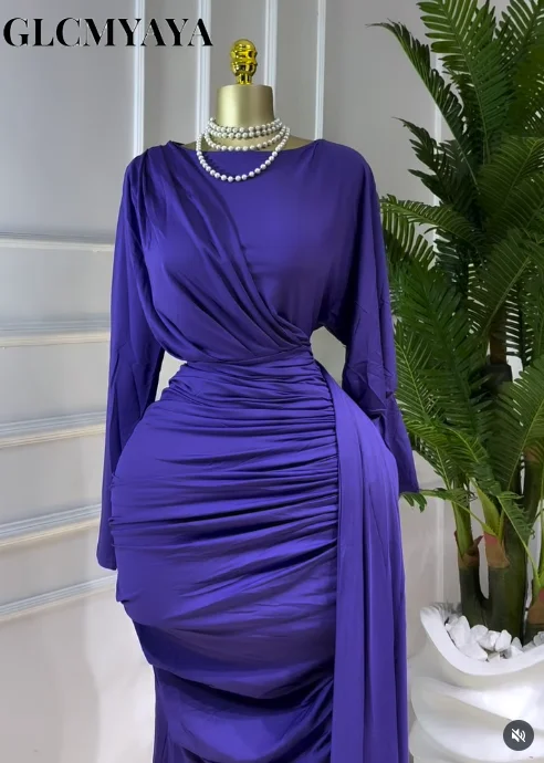 CM.YAYA المرأة كم كامل Ruched مكدسة Bodycon الشريط فستان طويل الخريف مساء عيد ميلاد عطلة فساتين مثيرة