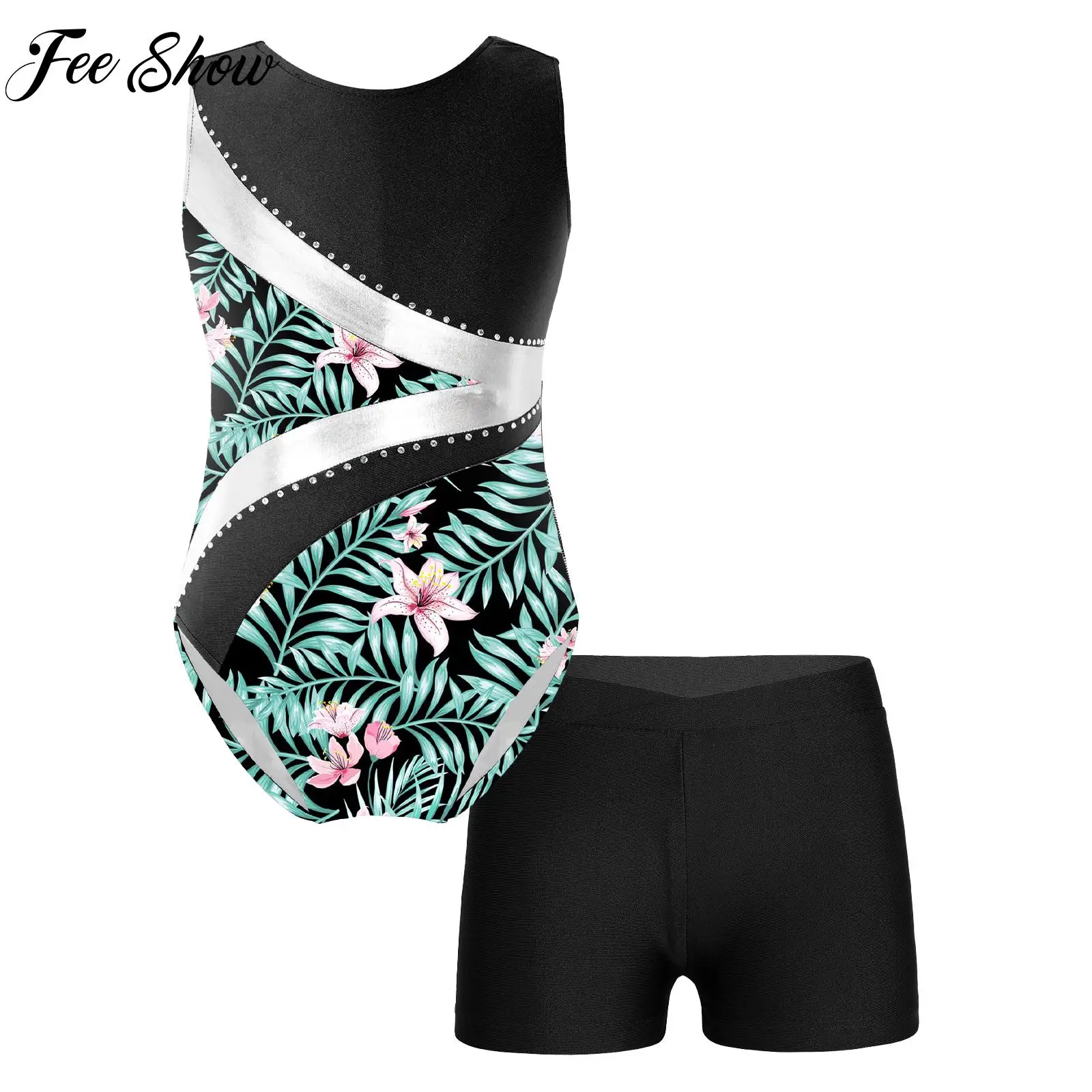 Kids Girls Ballet Dance Leotard Sportswear Swimwear Sleeveless Gymnastic Bodysuit with Shorts Skating Stage Performace Dancewear