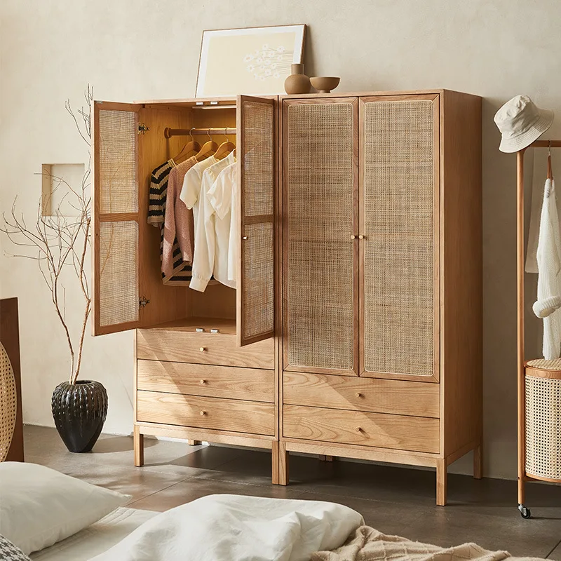 

Medieval solid wood rattan wardrobe, simple two-door storage locker, small apartment household wabi-sandy coat cabinet