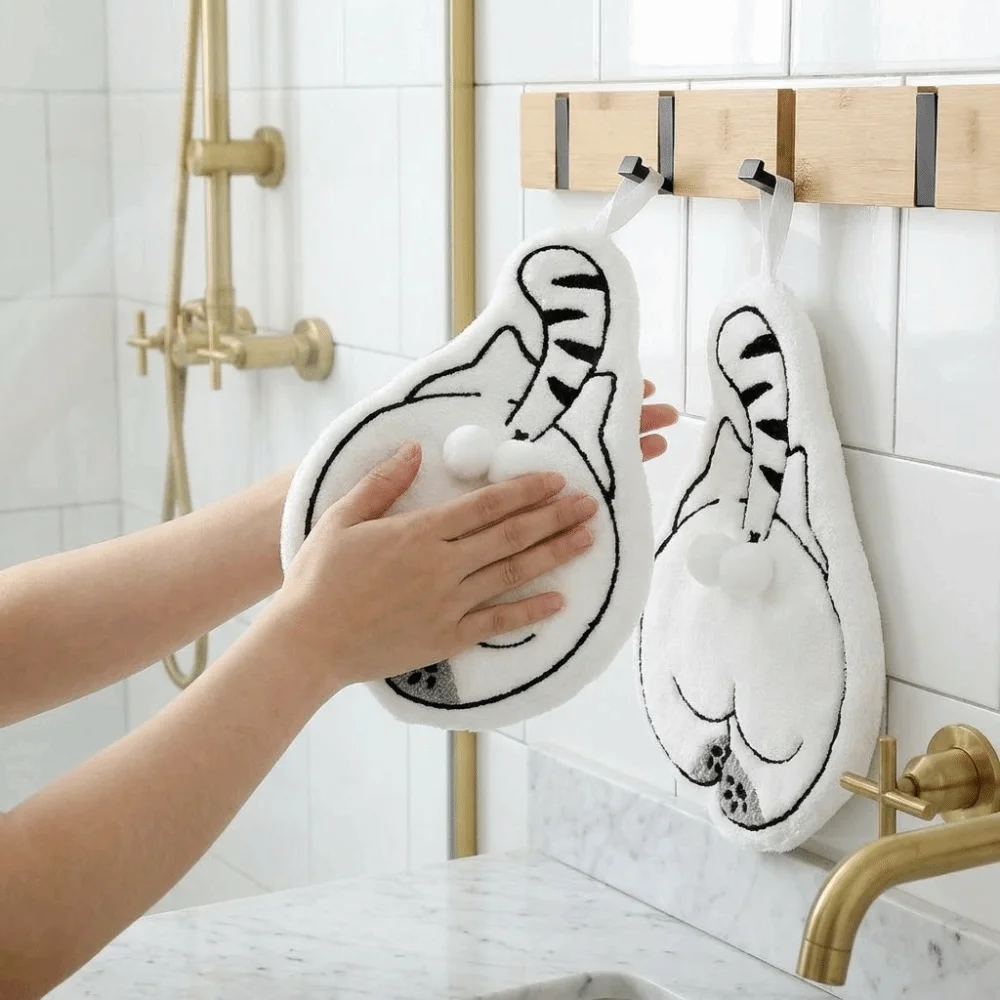 Cute Super Absorbent Cartoon Hand Towel Thickened Coral Fleece Kitchen Towel Cat Pattern Soft Wipe Cloth Bathroom