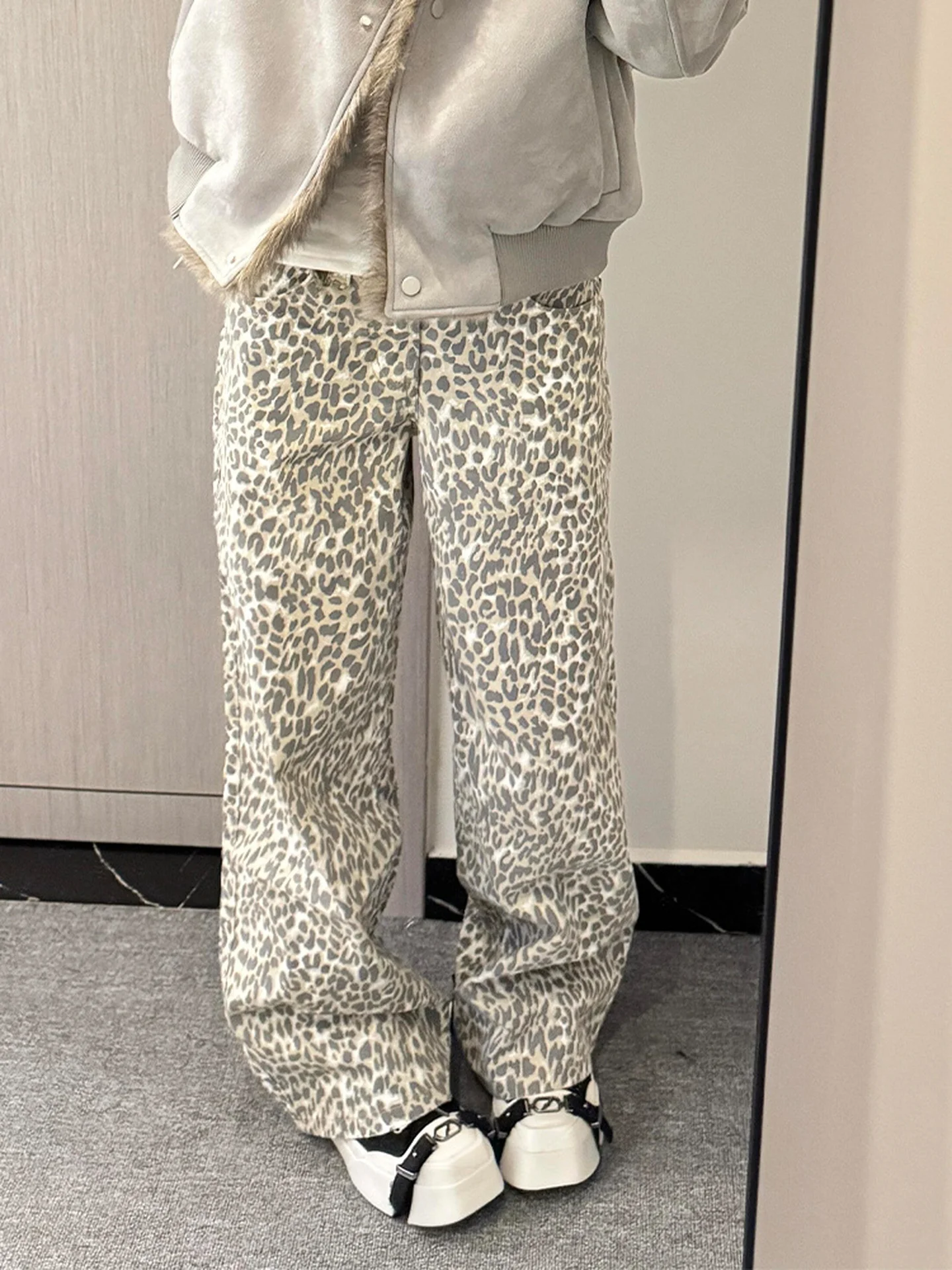 กางเกงยีนส์ขากว้างเอวสูงลายเสือดาวสไตล์อเมริกัน ไซส์พลัส สำหรับผู้หญิง ฤดูใบไม้ร่วง ฤดูหนาว รุ่นใหม่ ไซส์เล็ก ไม่ใช่เลกกิ้ง สำหรับสาวอวบ MM