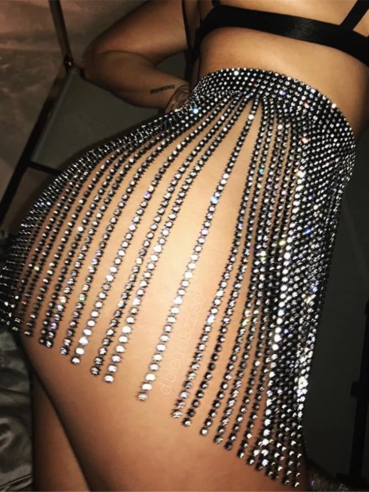 

Sexy Club Sequin Tassel f Skirt Faionable Diamond Chain Crossbody Skirt Women's Summer Season Pure Color Wrap Skirt