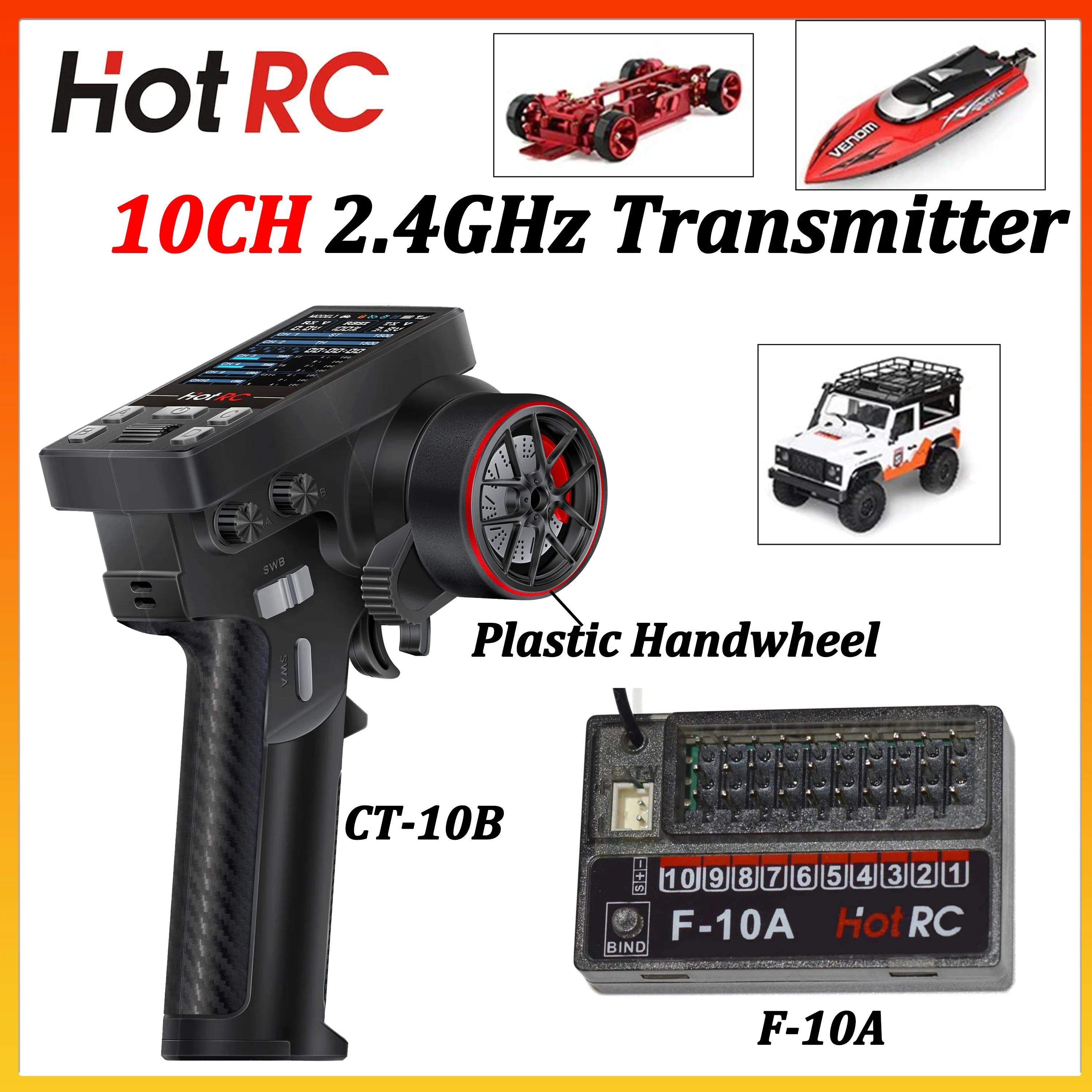 

Радиопередатчик HOTRC 10CH 2.4ГГц CT-10B с пластиковым ручным пультом управления и приемником F-10A для радиоуправляемых машин, танков, лодок Axial