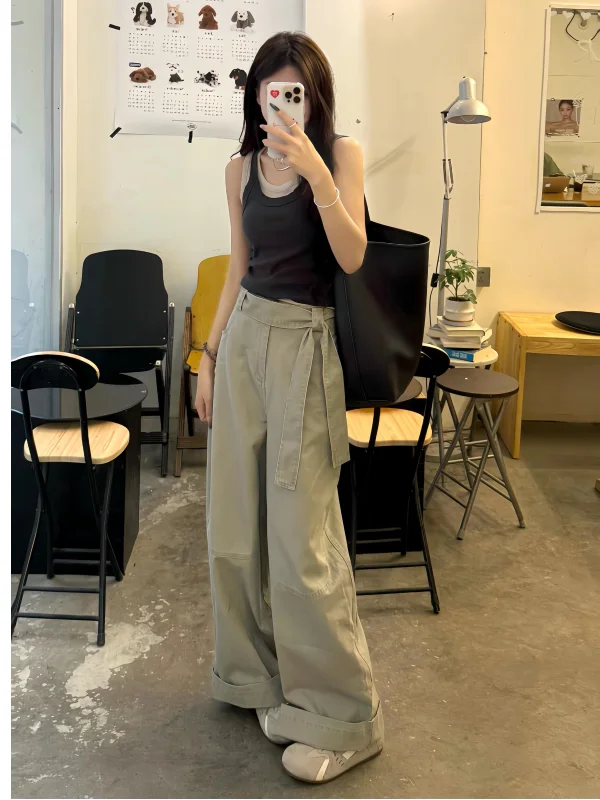 Extended Size Women's Loose Fit Wide Leg Jeans with Sashes Grey Green for Taller than 180 Summer Casual Floor Length