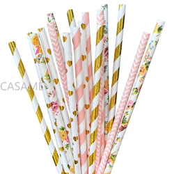 Drinking Paper Straws Mixed Color Flower Floral Pink Gold Garden Shape Wedding Party Gift Girl Style Drinks Fruit Juice Beer