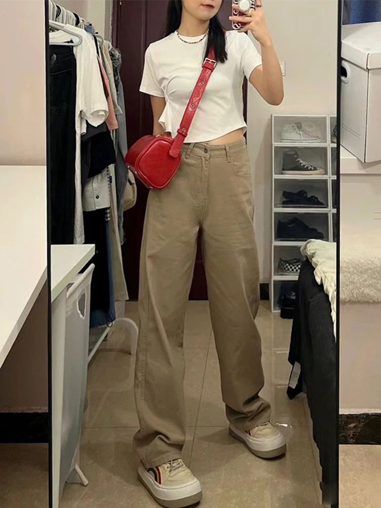 Jeans a vita alta a gamba dritta kaki Pantaloni lunghi dimagranti larghi vintage di piccole dimensioni da donna Pantaloni lunghi fino al pavimento alla moda