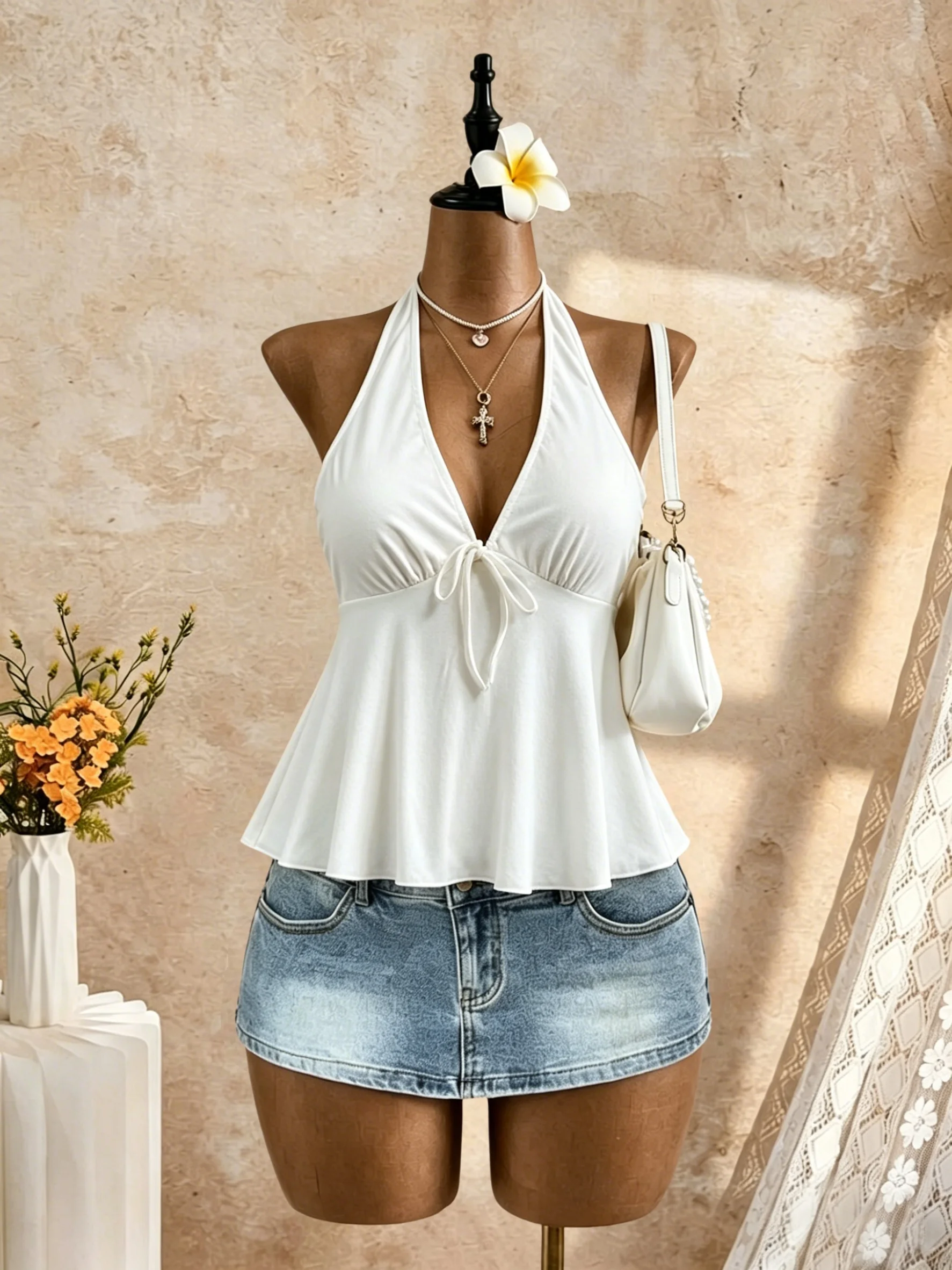 Suspender Tank Top - Women Halter Deep V Neck Front