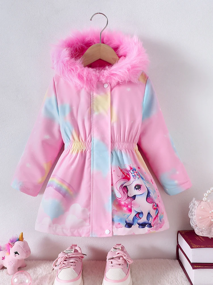 Children's Coat Girls Long Outerwear Winter Autumn Cotton Clothes Girls Pink Unicorn padded Coats Big Thicken Warm Child Jacket