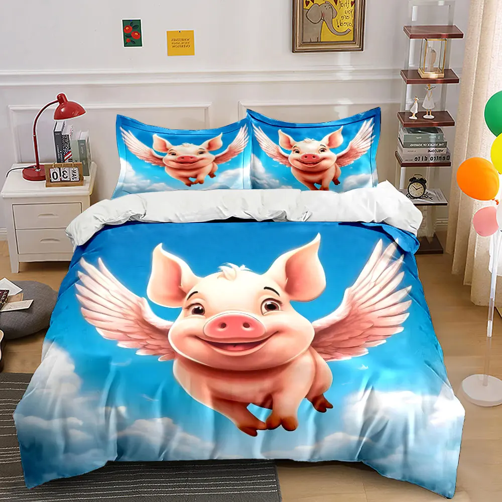 Flying Pink Winged Pig Printed Duvet Cover Set1 Duvet Cover+2 PillowcaseMulti Size Bedroom Bedding Decoration Luxury gifts