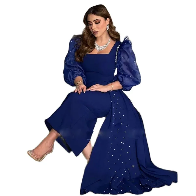 Vestidos de noite frisados azuis elegantes, gola quadrada, manga inchada, comprimento do tornozelo, vestido de baile, árabe, Dubai, vestido formal, 2024