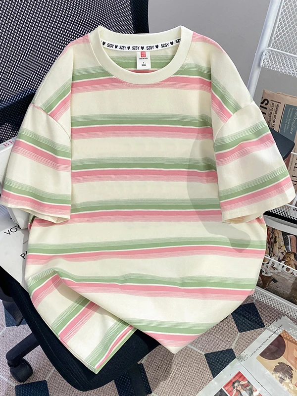 

Футболка свободного кроя из чистого хлопка с коротким рукавом для мужчин и женщин, дышащая, для активного отдыха, с полосатым узором, повседневная, с круглым вырезом