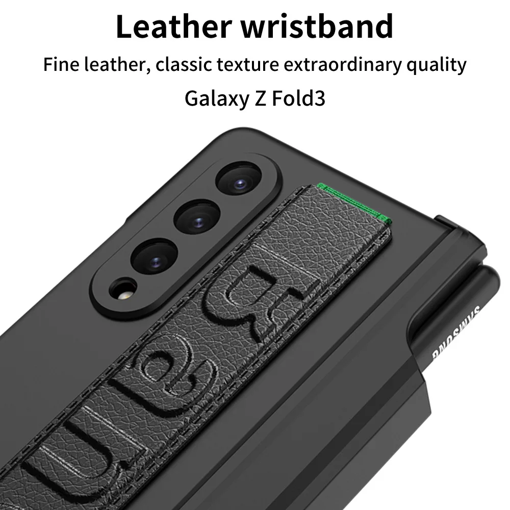 Leather Elastic Force Wristband Case For Samsung Galaxy Z Fold 3 Pen Box Full Cover Anti-knock luxury Cases For Galaxy Z Fold3