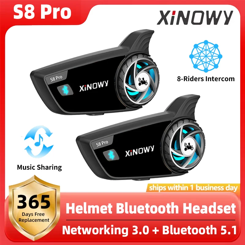 

XiNOWy S8 PRO Motorcycle Helmet Intercom Headset Waterproof IPX6 Noise Reduction Networking 3.0 + Bluetooth 5.1 Music Sharing