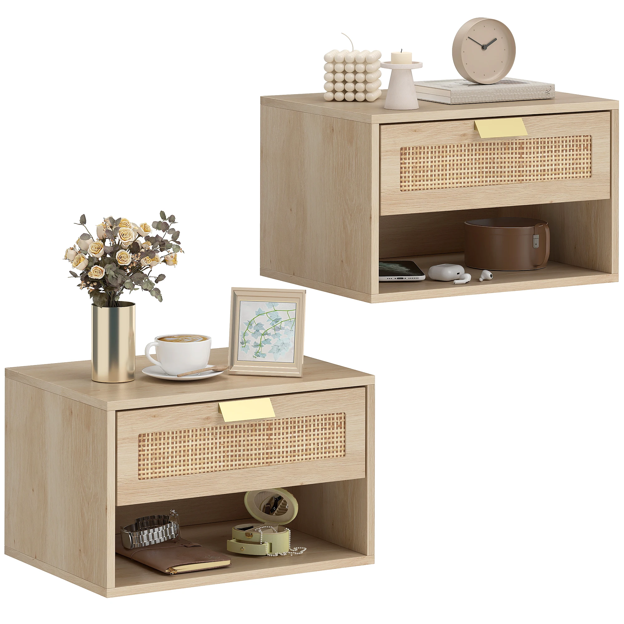 Homcom Lot de 2 tables de chevet flottantes, tables de chevet de chambre à coucher avec tiroir en rotin, étagère ouverte, gain de place, design nordique, pour salon, 40x30x25 cm, chêne