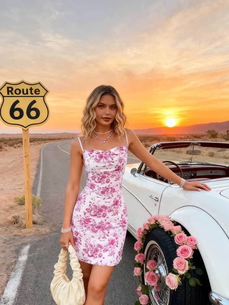 Y2K فستان صيفي قصير مثير بحزام المعكرونة الإيطالية بدون أكمام فستان نادي مسائي للنساء قميص بدون أكمام مزين بالزهور