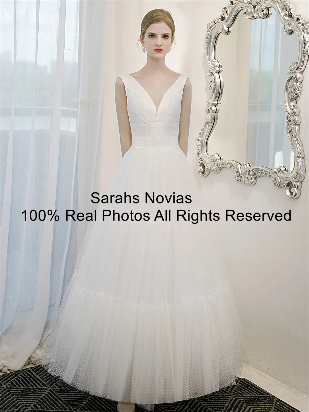 Ankle Length A-line Dots Tulle Short Wedding Dresses With Straps V Neck Sleeveless Women Summer Informal Reception Dress