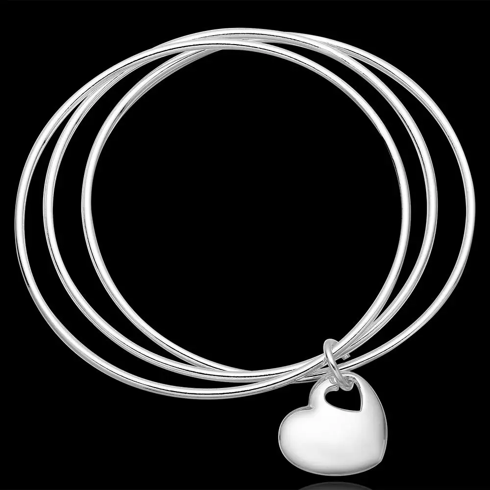 Popular Brands Three Circles 6.5cm Heart Bangle 925 Sterling Silver Bracelets Fashion Party Couple Gifts Jewelry