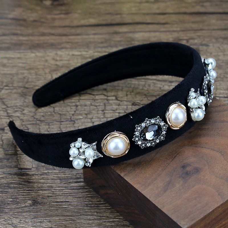 Handmade Navy Gray Crystal Vintage Headbands Pearl Elegant Hairbands For Girls Women Party Hair Accessories