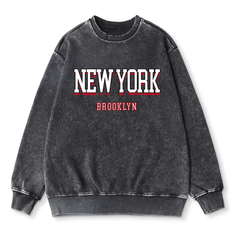 Vintage Womans Acid Wash Hoodie New York Brooklyn Letter Prints Sweatshirt Cotton Oversize Casual Pullover Couple Washed Clothes