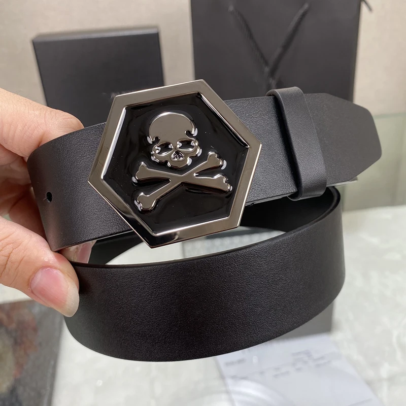 2024 Skull Head Belt Minimalist Belt Cowhide Men's Business Fashion High Quality Comfortable Europe new PP Metal Buckle