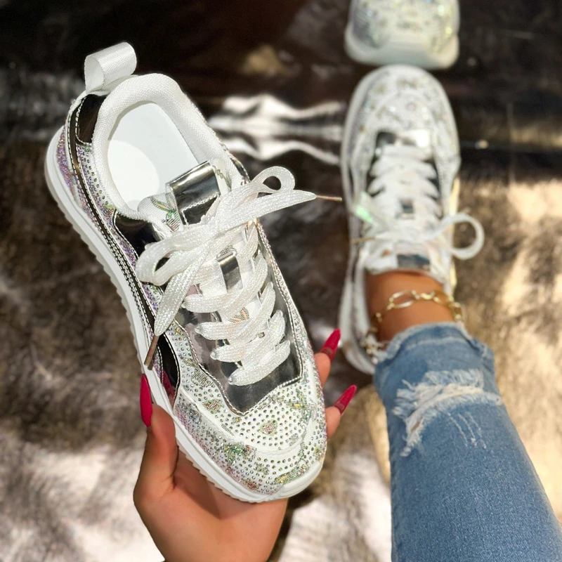 

Thick-soled Round-top Lace-up Multi-color Rhinestone Versatile Comfortable Anti-slip Breathable Sports and Casual Women's Shoes