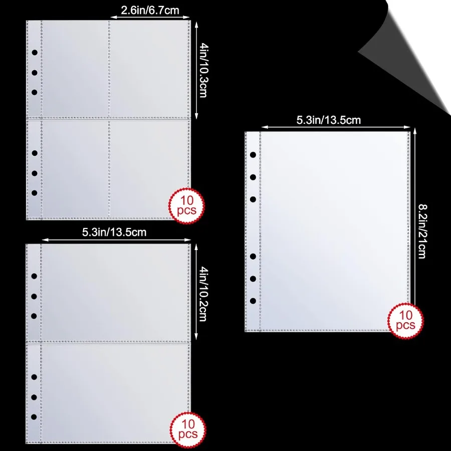 30 Pcs Binder Pockets Clear 4 2 1 Pockets A5 Binder Card Sleeves Pouch Photo Album Page Document Folder Trading Card for 6 Ring