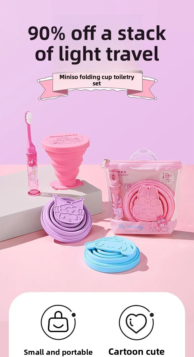 Sanrio Hello Kitty Wash Folding Cup Kuromi Cartoon Cute Creative Water Cup Toothbrush Set Portable Travel Mouthwash Cup