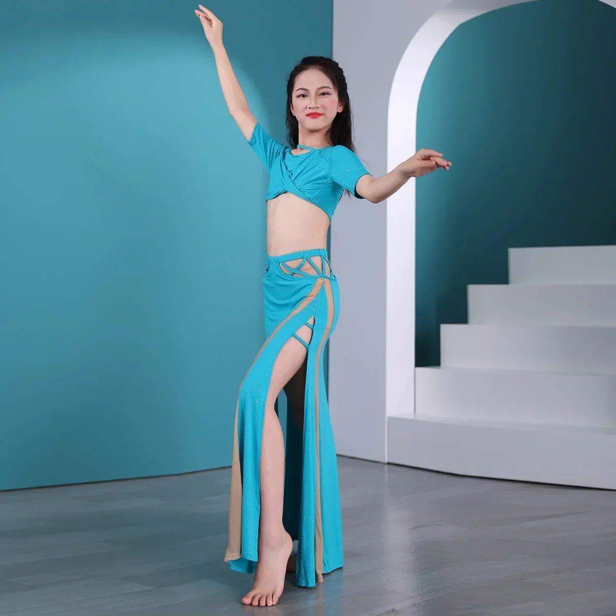 Roupa de dança do ventre infantil, roupas de prática separadas para mulheres, roupas de equipe modal, temporada de verão, sapatos esportivos e acessórios