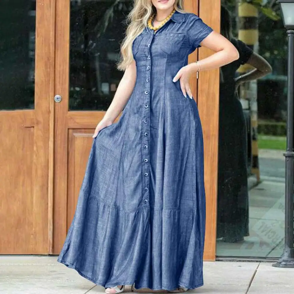 

3d Cut Denim Dress Elegant Denim Dress with Ruffle Hem Patch Pockets for Women A-line Silhouette High Waist Design for Everyday