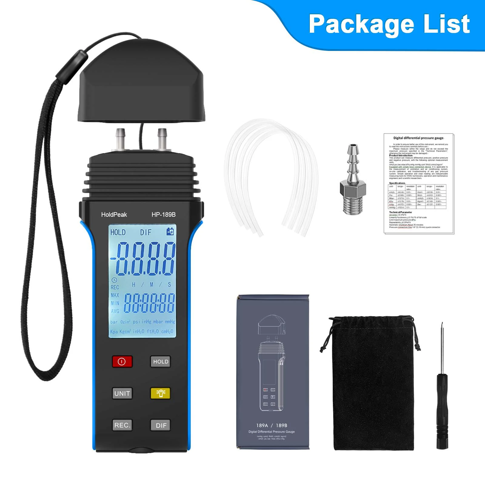 Gas Pressure Tester HP-189B LCD Display With Backlight Digital Manomete Dual-Port Manometer for any gas pressure system trouble