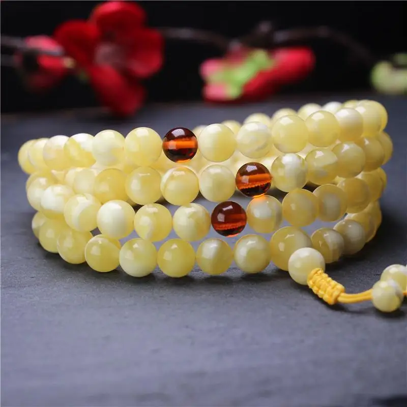 Second-generation Russian amber , 6-7mm, 108 , Buddhist prayer beads bracelet, necklace, sweater chain, porcelain whit