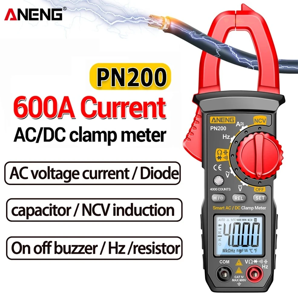 

ANENG PN200 Digital Clamp Meter DC/AC 600A Current 4000 Counts Multimeter Ammeter Voltage Tester Car Hz Capacitance NCV Ohm Test