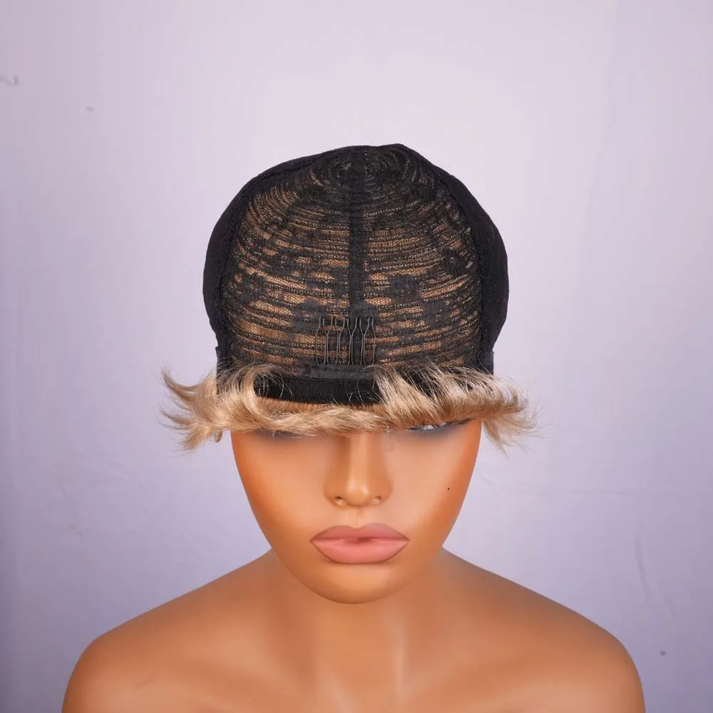شعر مستعار قصير بقص عابث مع غرة، شعر بشري بوب أشقر مستقيم، شعر مستعار مصنوع آليًا للنساء ذوات البشرة السمراء
