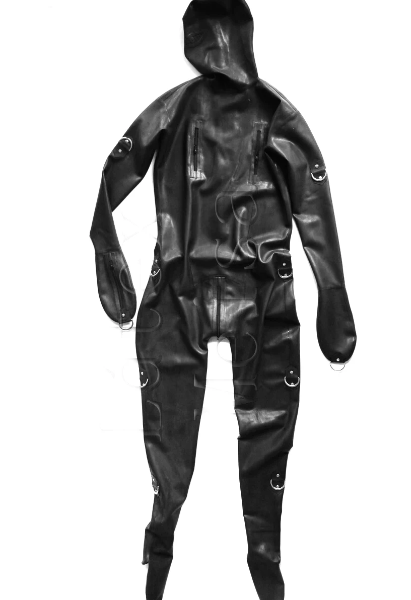 Men's 0.6mm heavy thickness latex & D ring buckles designs men's black latex in Zentai with mesh eyes & open nostrils