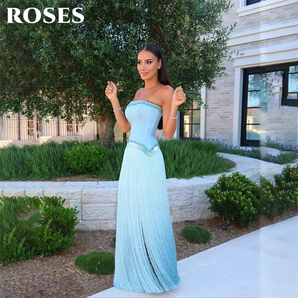 

ROSES Blue Satin Party Dress Strapless Sleeveless فساتين السهرة Night Dress with Tassel Celebrity Dress Customized