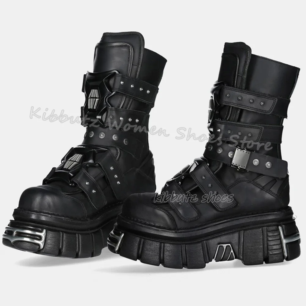 Rivets Ankle Chelsea Boots Platform Thick Bottom Rock Puck Dark Style Lace-Up Genuine Leather Mixed Color Women Shoes Round Toe