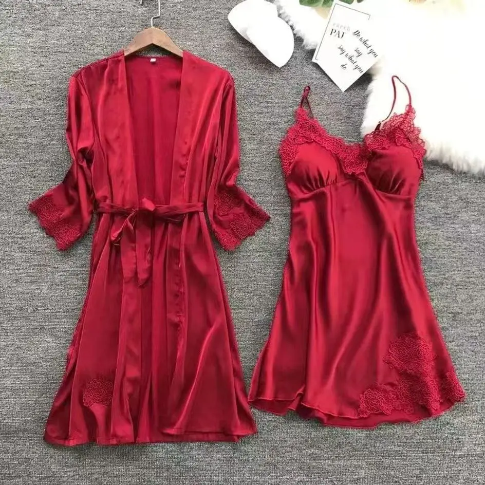 Spring and autumn two sexy women's pajamas set women's silk sexy slip dress long sleeved nightdress women summer