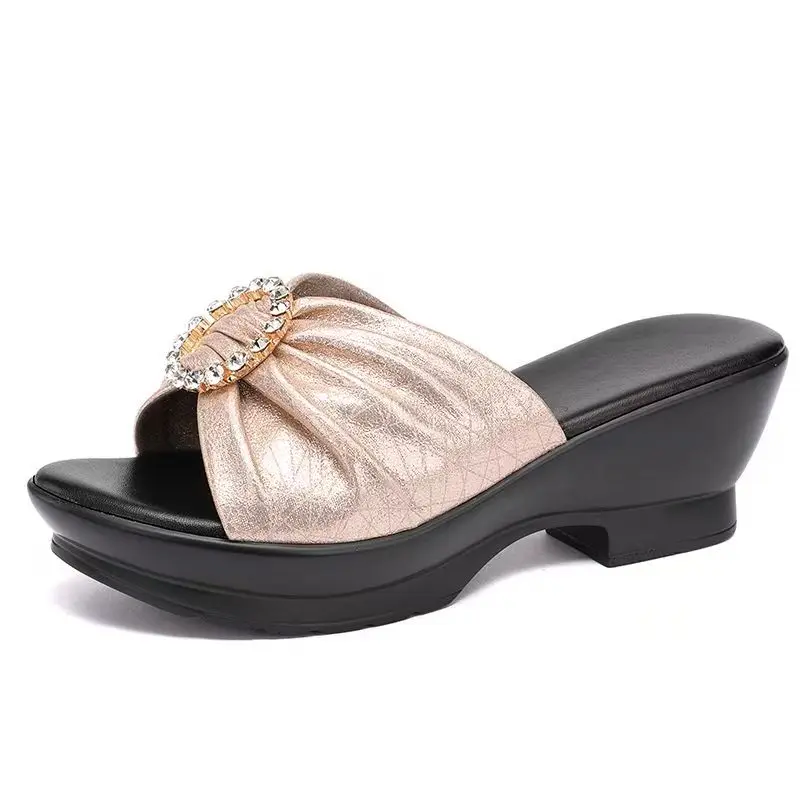 2026 Summer New Real Leather Bowknot Wedges Slippers Women Thick Sole Non Slip Open Toe Fashion Big Size Outdoor Slippers Sandal