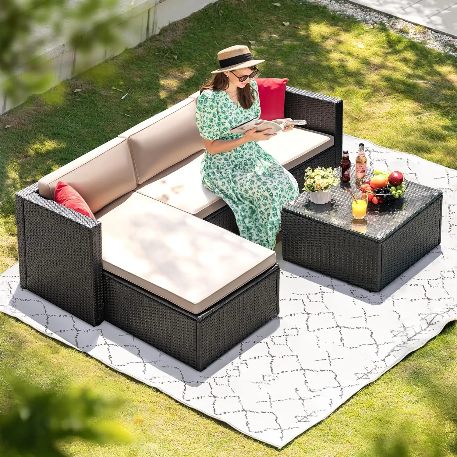 All Weather Wicker Rattan Pátio Sofá, Conjuntos de móveis com almofadas e mesa de vidro, ângulo ajustável manual, Chaise Lounge
