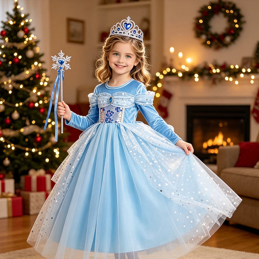 Mädchen Cinderella Blaues Pailletten-Prinzessinnenkleid mit Langen Ärmeln, Krone, Halskette und Komplettem Zubehör-Set als Geburtstagsgeschenk für Kinder – Detail 11