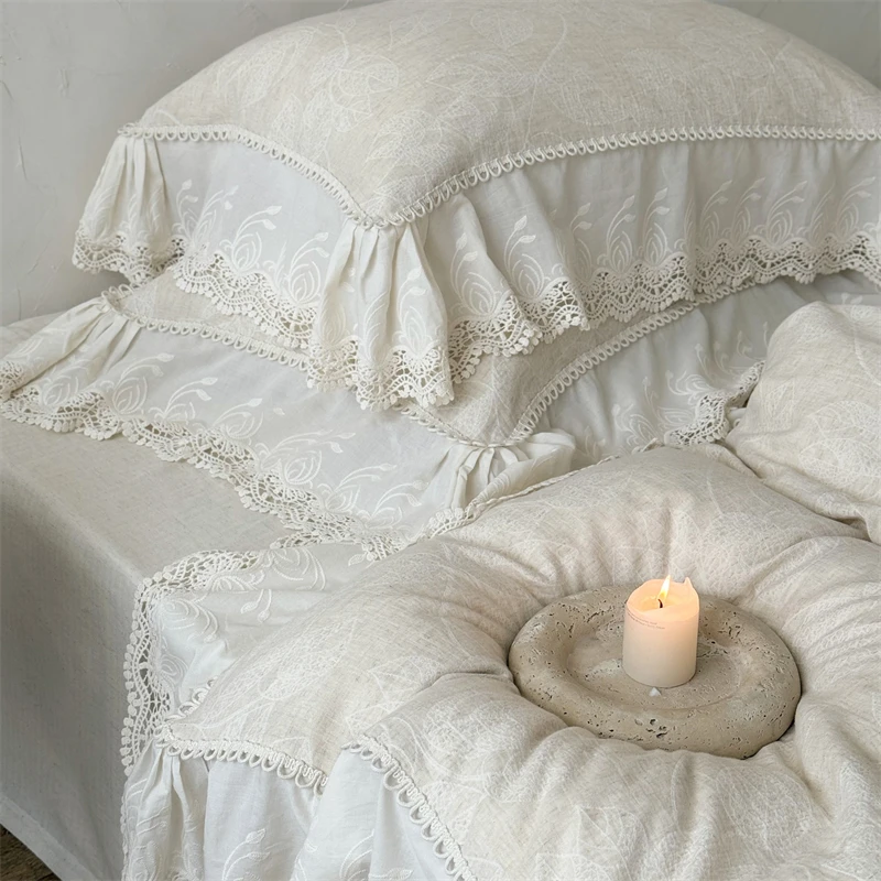 Natural Linen Cotton Vintage Jacquard Large Lace Ruffles Bedding Set Queen King Size Duvet Cover Bed Sheet Pillowcases 4Pcs