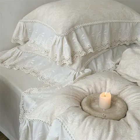 Natural Linen Cotton Vintage Jacquard Large Lace Ruffles Bedding Set Queen King Size Duvet Cover Bed Sheet Pillowcases 4Pcs