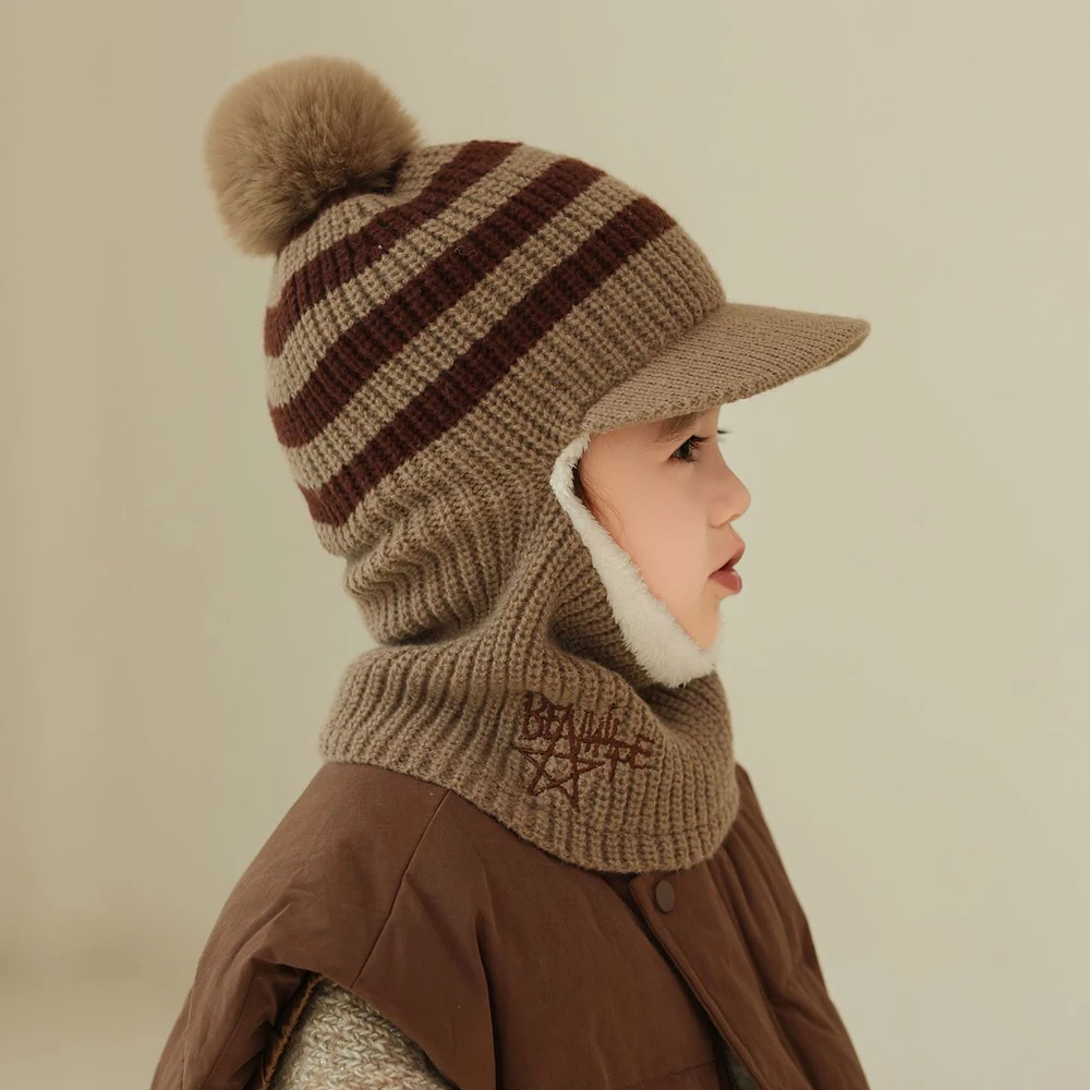 Winter Baby Knitted Hat Scarf Kids Boys Girls Hood Hats Toddler Earflap 𝐁eanie With Neck Warmer Pompom Outdoor Snowball Hat