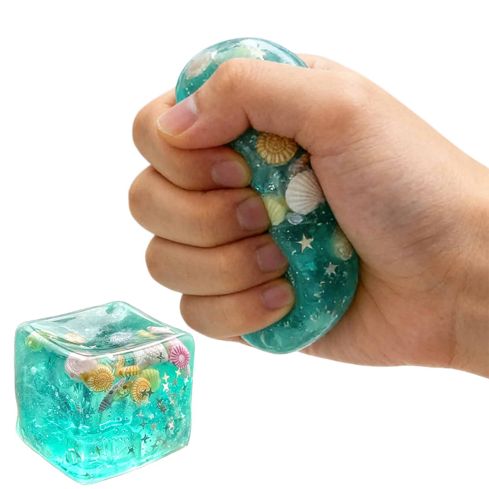 YJ8 Ice Cubes Balls with Ocean Shells Inside Soft Squeeze Sensory Toy Slow Rise for Kids Adults Workplace Study Travel Parties