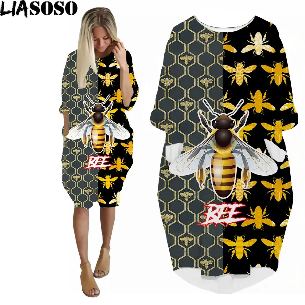 LIASOSO 3D Print Ladies Cake Dress Cartoon Yellow Big Bee Hive Splicing Creative Design Party Street Shopping Summer Trend Dress