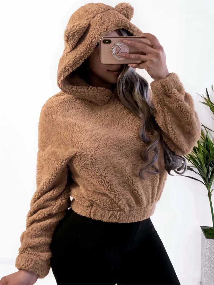 Autumn Winter Long-sleeved Bear Ears Hat Solid Color Plush Sweatshirt Women Fashion Loose Short Casual Style Pullover Female