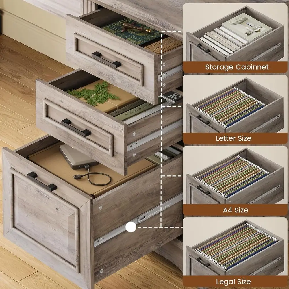 Farmhouse Executive L Shaped Desk, Home Office Desk with File Drawer and Power Outlet, Computer Corner Desk with Drawers