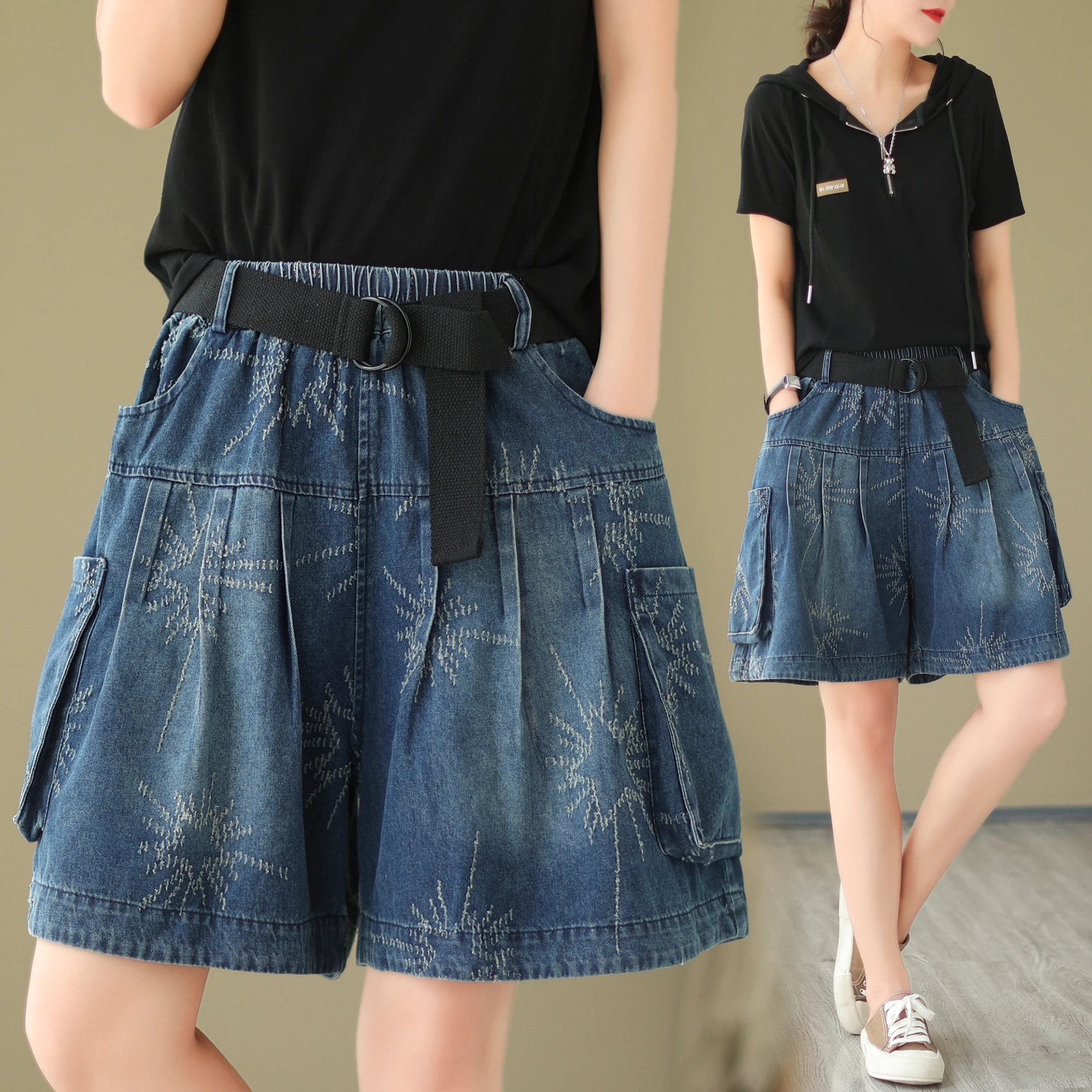 

Printing Jeans Women 2025 Summer New Elastic Waist Loose Slimming Retro Patchwork Plus Size Versatile Casual Short Pants A853