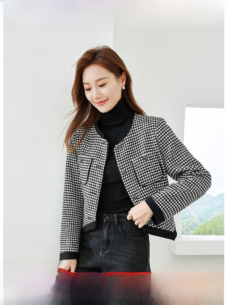 

Retro ort Thiened round Ne Women's Jaet Autumn High ade Splicing Top Polyester Fiber Sweet Sle Long Sve ort ...