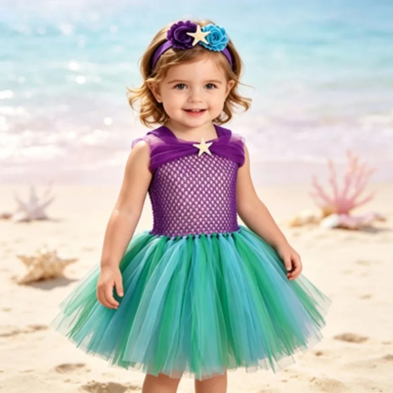 

Girls' Mermaid Princess Dress with Floral Headband, Halloween Fairy Costume for Performance, Birthday Party Evening Gown
